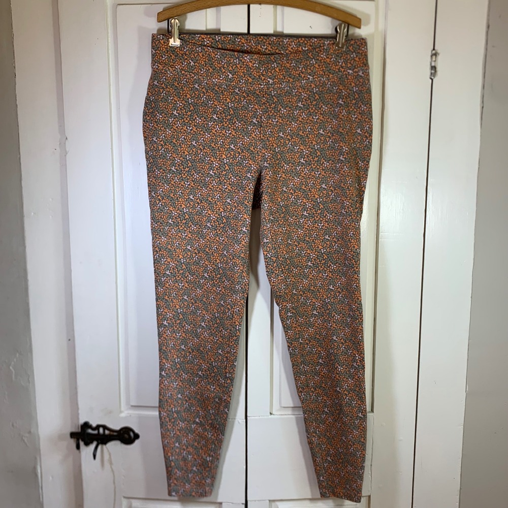 Lands End Starfish Leggings Womens Large Tall 14-16 Orange Floral Cotton Stretch